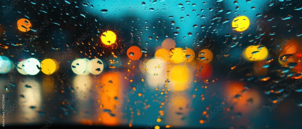 Aufkleber raindrops on glass with colorful bokeh lights in background, creating a moody and atmospheric scene 