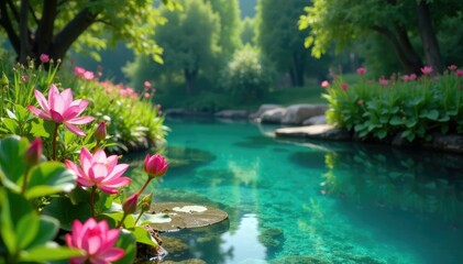 Fototapeta premium Peaceful scene of crystal clear water with blooming flowers and lush greenery, flowers, greenery, serene