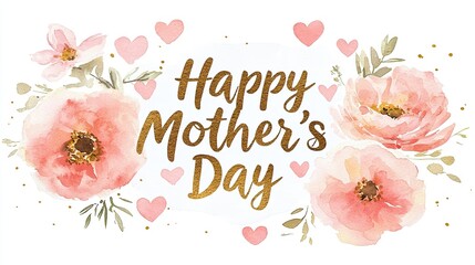 Abstract watercolor banner with golden bold handwritten inscription "Happy Mother's Day" surrounded by flowers and pink little hearts