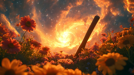 Cosmic Baseball Bat in Floral Field