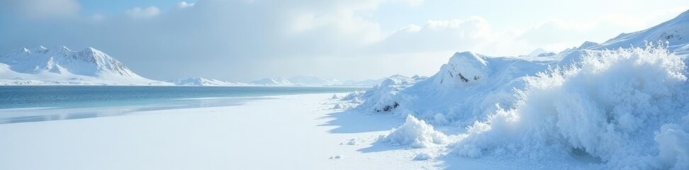 Obraz premium Snowdrifts pile high against a frozen lake shore, snowdrifts, icy shore,