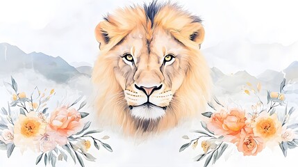 Majestic Lion Portrait with Floral Accents   Powerful Brushstrokes Capture Roaring Expression of a Fierce Yet Elegant Creature Amidst a Botanical Backdrop