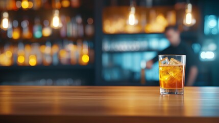 Refreshing Whiskey Drink with Ice in a Bar Setting