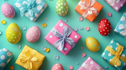 Colorful Easter gifts with polka - dot and bow details, scattered with varied eggs on turquoise backdrop, plus paper flowers for a festive look.