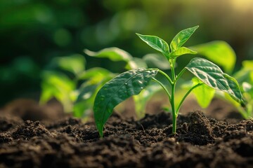 New Life Emerges, Tiny Green Seedlings Reaching For Sunlight In Rich Dark Soil, A Promise Of Growth And Abundance Bathed In Warm Morning Light