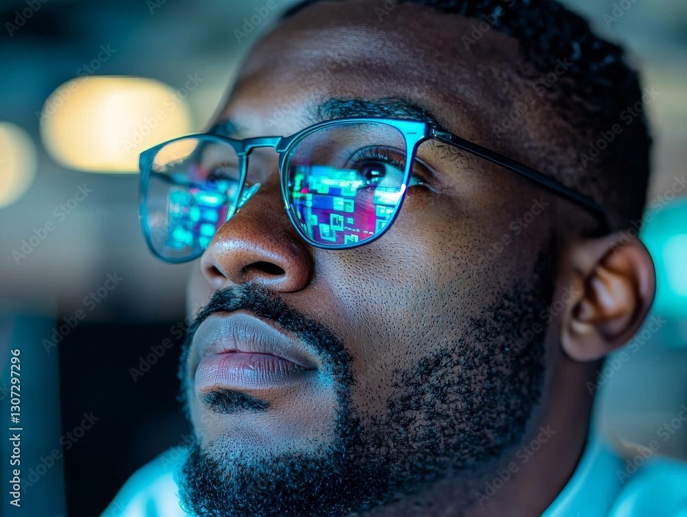 Poster focused black man in glasses analyzing data in a modern office environment with digital interfaces