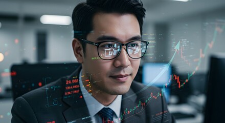 business man trader wearing glasses looking at computer screen with trading charts reflecting in eyeglasses watching stock trading market financial data growth concept, close up