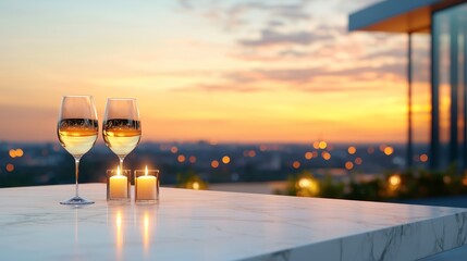 Obraz premium Romantic Evening with Wine and Candles at Sunset