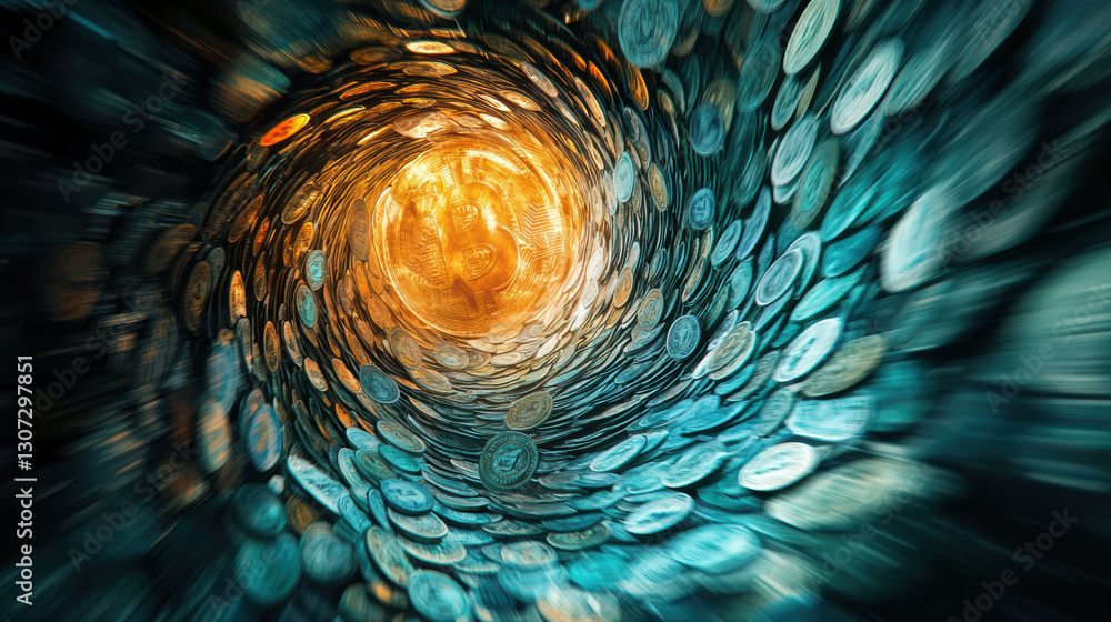 Poster abstract swirl of coins and banknotes creating dynamic vortex effect, symbolizing wealth and finance
