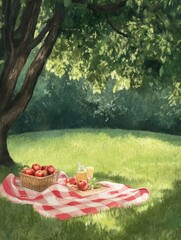 Summer picnic scene under tree outdoor setting illustrative artwork relaxing environment captured viewpoint nature concept