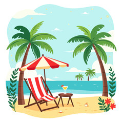 Obraz premium Stylized tropical beach with palms, drink, & lounge chair