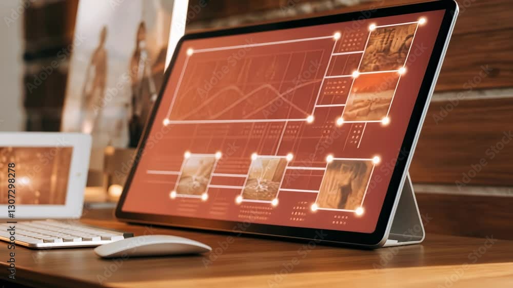 Poster a sleek futuristic workspace with a holographic screen presenting a marketing campaign timeline with
