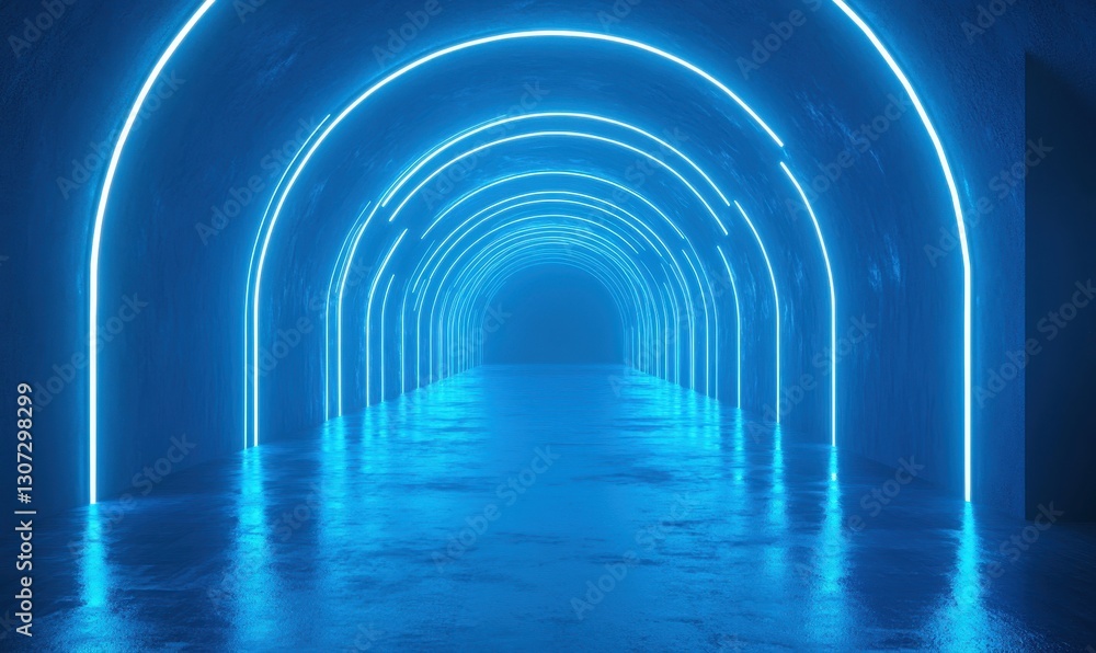 Poster illuminated archway in a modern futuristic tunnel with glowing neon lights reflected on the wet floo