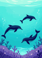 Fototapeta premium Teal Sea with Dolphins and Purple Coral Reefs