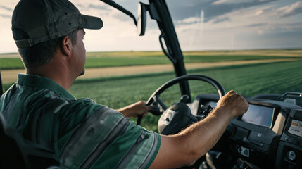 Farmer driving tractor through green fields, enjoying serene landscape