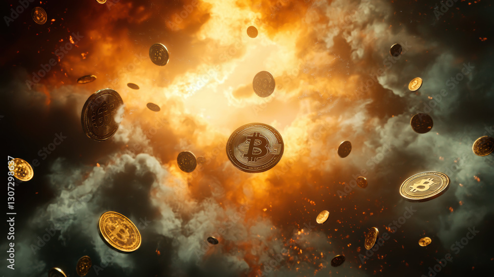 Poster digital currency floating in fiery explosion, symbolizing volatility and change