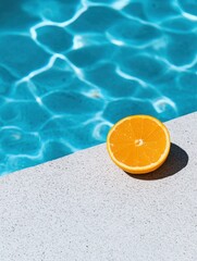 Refreshing summer orange by the poolside sunny environment realistic photo vibrant colors