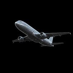 Realistic 3D rendering of a commercial airplane on a black background