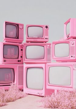 A stack of vintage pink televisions against a muted background, surrounded by soft greenery, creating a whimsical and nostalgic atmosphere.