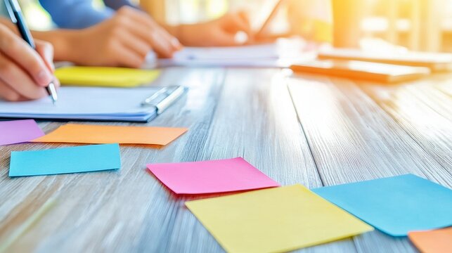 Collaboration With Colorful Notes On Wooden Table.