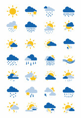 Obraz premium Weather forecast vector icon set with sunshine, rain and clouds