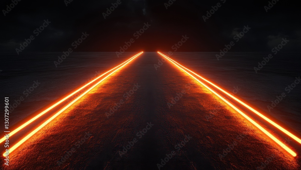 Poster illuminated pathway in dark environment with glowing orange lines on abstract surface leading to mys