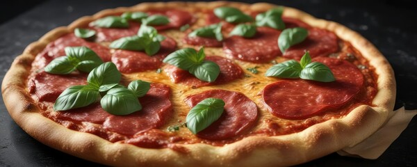 A large pepperoni pizza on a dark surface with a golden crust and melted cheese, topped with fresh basil leaves , golden crust, pepperoni pizza