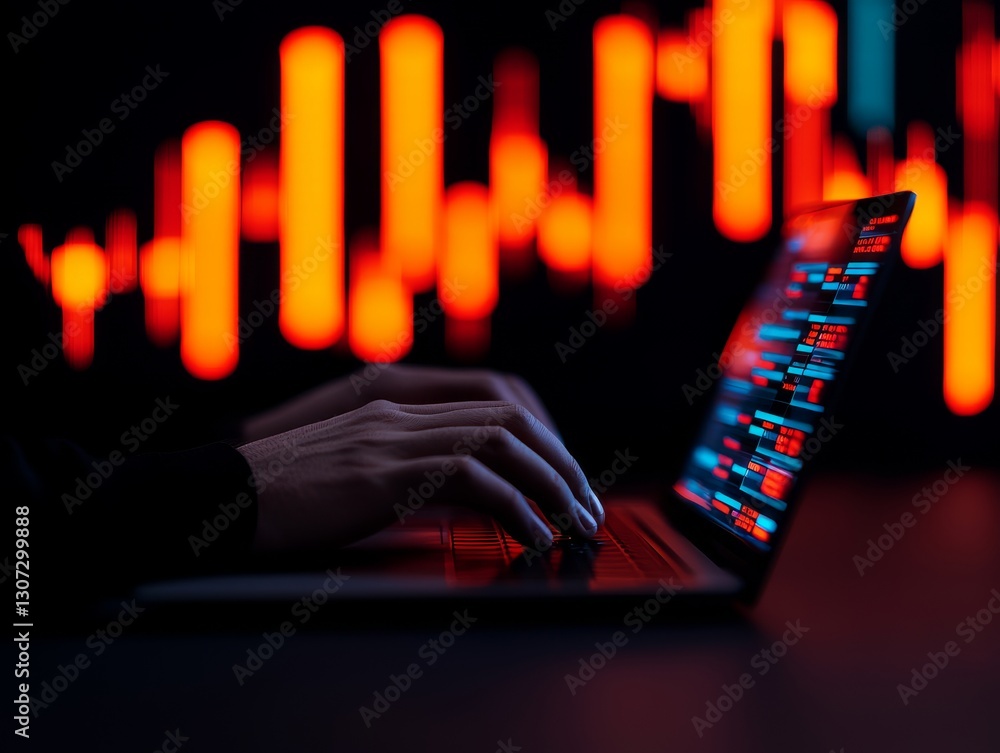 Poster data analysis in progress person typing on laptop with code modern workspace nighttime digital inter
