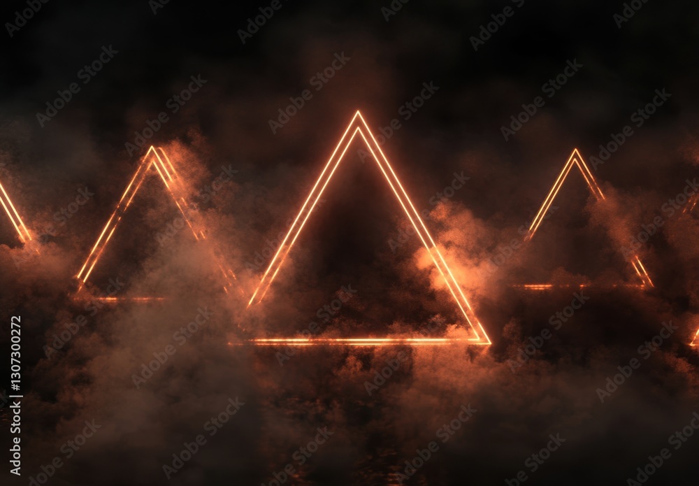 Poster intricate geometric shapes illuminated in smoke with glowing edges creating a mystical and ethereal 