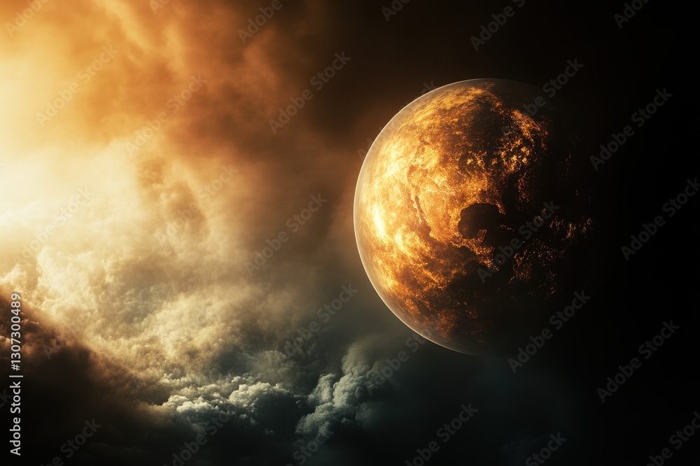 Poster vivid depiction of a distant planet surrounded by swirling clouds in outer space