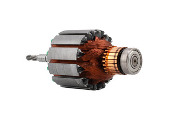 Electric DC motor rotors with copper commutator and coil wire winding isolated on white background....