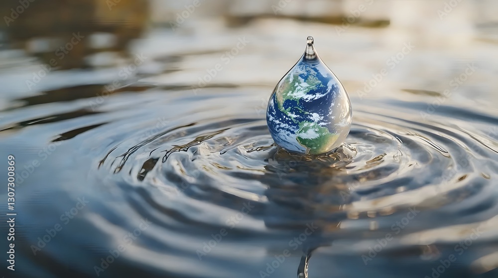Poster a single droplet of water shaped like the earth resting calmly on a water surface and creating rippl