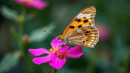 Obraz premium A lone brown butterfly with intricate patterns on its wings perches on a vibrant pink bloom, its proboscis uncoiled, insect photography, nature in focus, intricate patterns