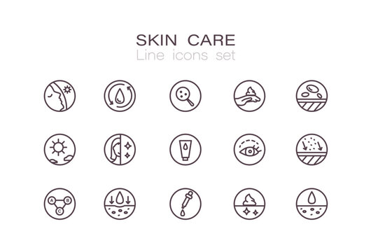 Skin care line icons set. Moisture cream, acid, anti wrinkle serum, collagen, retinol compound, sunscreen. Outline signs for routine skincare, products property.