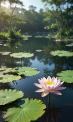 A lone lotus flower blooming in the middle of a small tranquil pond, peacefulness, reflection