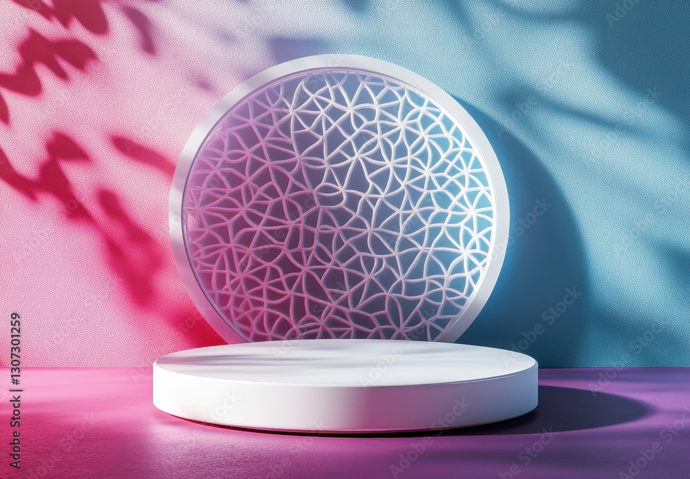 Poster minimalist display with circular pedestal and intricate geometric pattern on pastel background for p