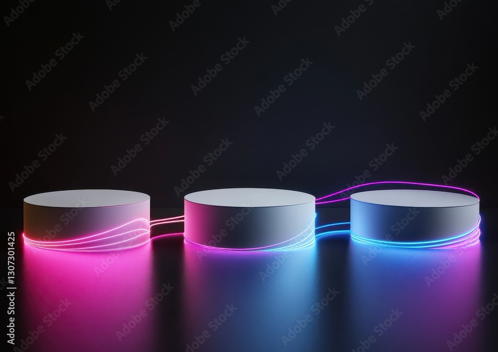Poster minimalistic scene featuring three illuminated circular platforms with glowing neon lines connecting