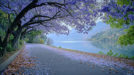 Blue press tree next to the road, Full of purple and white flowers, Dense flowers. Branches crawl down. Branches are like arches. The delicate posture is like 