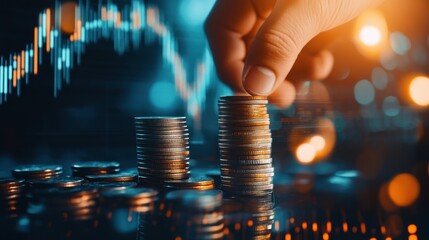 Person stacking coins with financial data in background