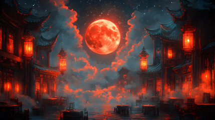 Obraz premium Blood moon over ancient Asian city street at night.