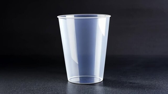 Empty Transparent Plastic Cup on Dark Background