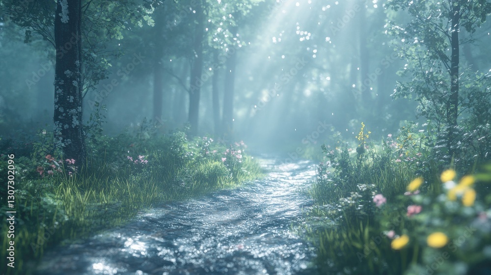 Aufkleber a serene forest path illuminated by soft rays of sunlight filtering through misty trees, showcasing 