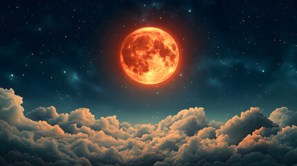 Blood moon rising above clouds at night.