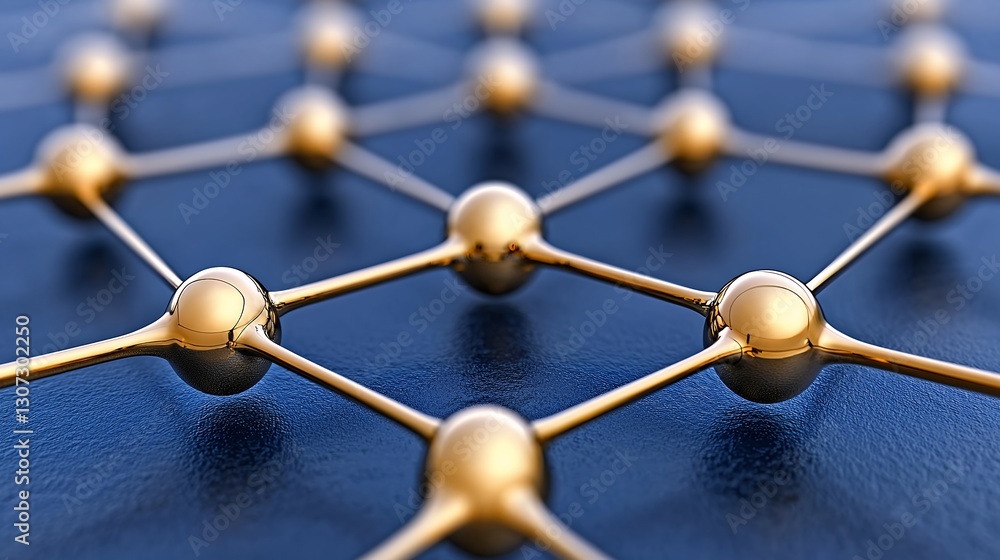 Poster golden network structure abstract 3d rendering of interconnected spheres on dark blue