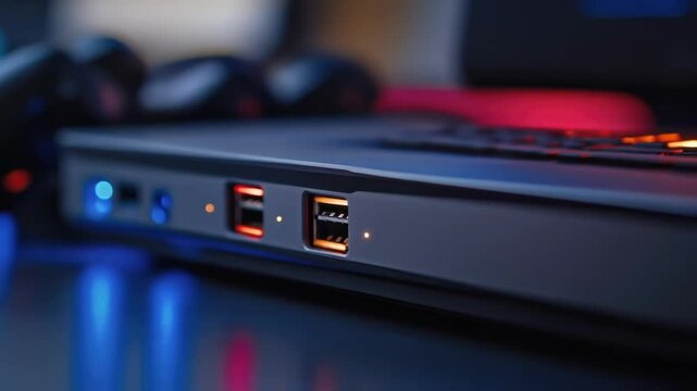 Orange usb ports are lighting up on a gaming laptop, indicating charging or data transfer, in a dimly lit room with blue and red ambient lighting
