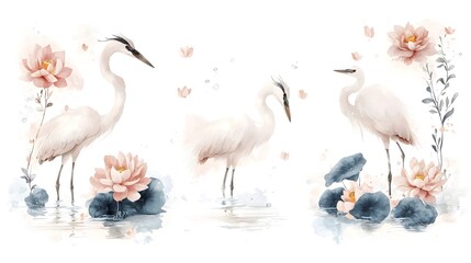 Obraz premium Elegant herons gracefully wading through a serene lotus filled pond set against a soft dream like color palette in this nature inspired minimalist digital artwork