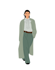 Modern business woman walking in fashionable smart casual office outfit. Pretty lady boss wearing teal pants, sage green coat, gray blouse. Vector realistic illustration Isolated 