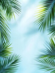 Fototapeta premium Vibrant summer palm leaves tropical paradise realistic photo clear blue sky top-down view nature's beauty