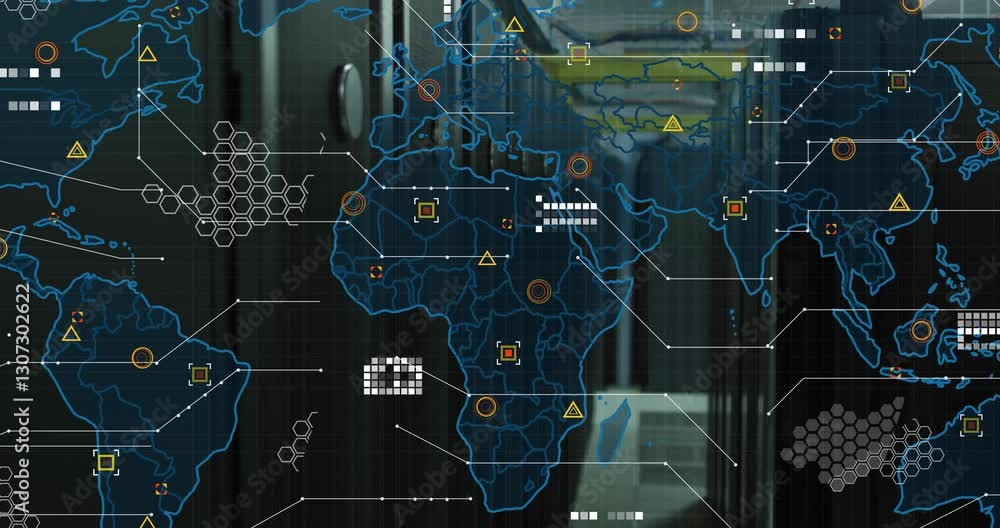 Poster animation of digital world map with data points and hexagonal patterns in office