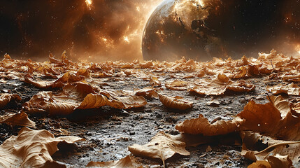Dried leaves on alien planet surface with Earth in space.